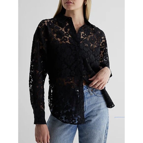 Express Boyfriend Portofino Black Lace Shirt Sheer Button Up Sz L Whimigoth NWT - Picture 1 of 12